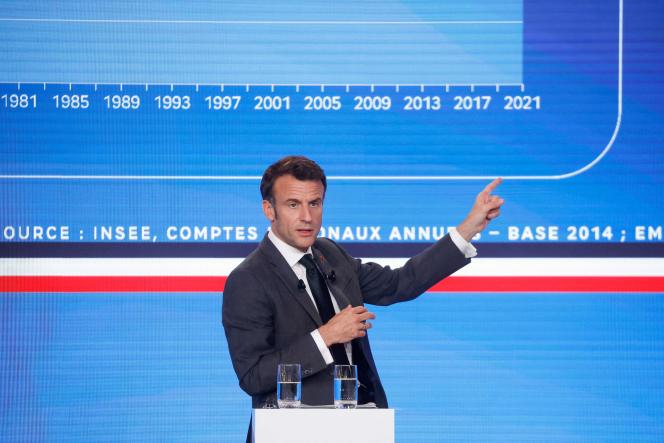 President Macron at the “Accelerating our reindustrialization” conference in Paris on May 11, 2023.   