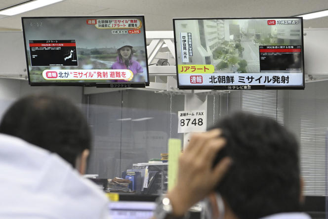A news flash on television, in Tokyo, evoking the launch of a missile by North Korea, May 31, 2023.