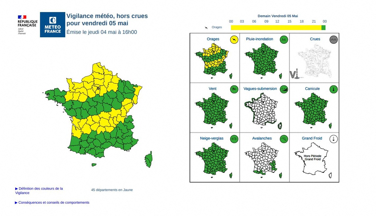 The vigilance maps of Météo France issued this Friday, May 5, 2023