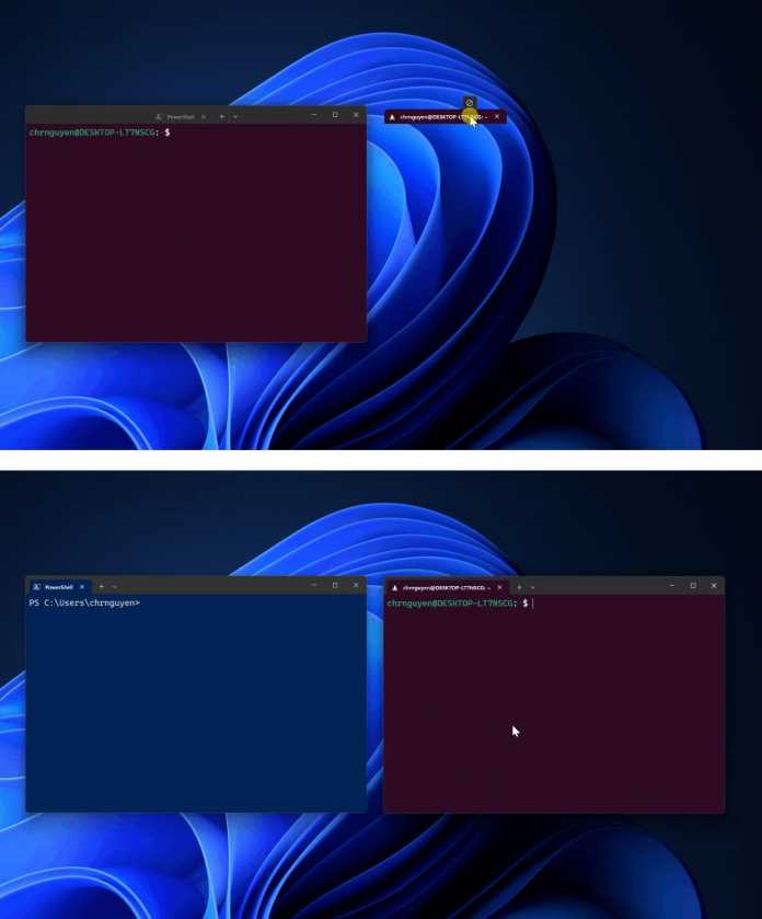 Windows Terminal Preview 1.18 brings tab tearout: dragging a tab onto the desktop opens a new terminal window.