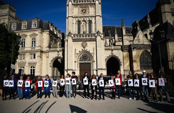 Activists from the Attac association after the decision of the Constitutional Council to reject a second referendum of shared initiative, in Paris, May 3, 2023.