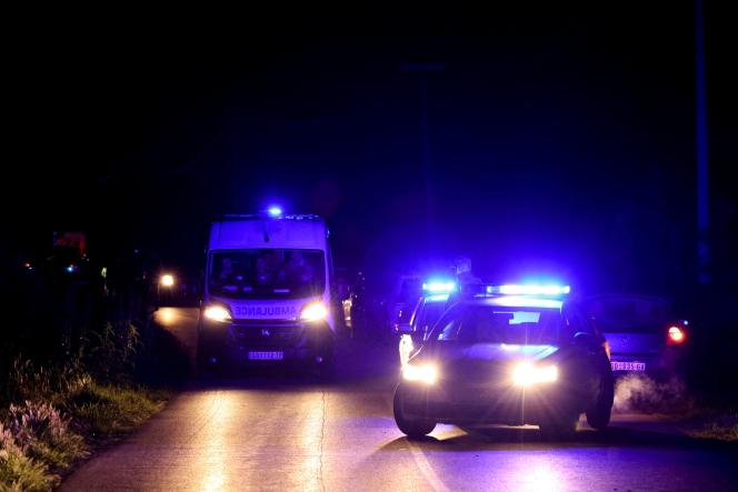 An ambulance leaves the scene of the shooting that occurred near the Serbian town of Mladenovac (Serbia), on the night of May 4, 2023.
