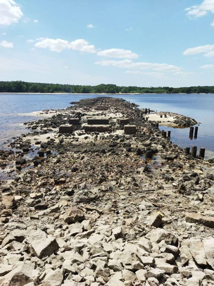 A temporary bridge built in 1944 has surfaced a little south of the town of Zaporizhia, Khortytsia Nature Reserve announced on June 10, 2023. (KHORTYTSIA NATURE RESERVE / FACEBOOK)