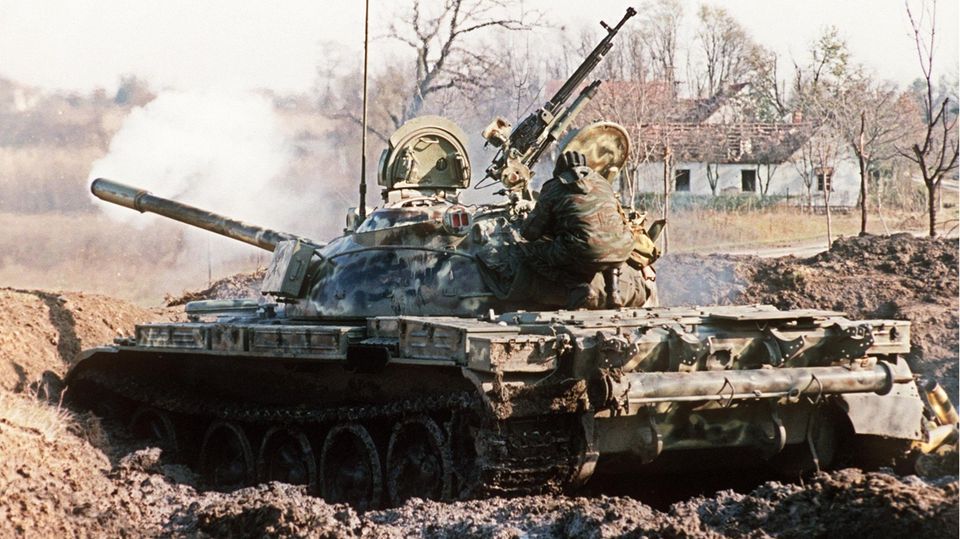 A Croatian T-55 tank in the fighting after the collapse of Yugoslavia.