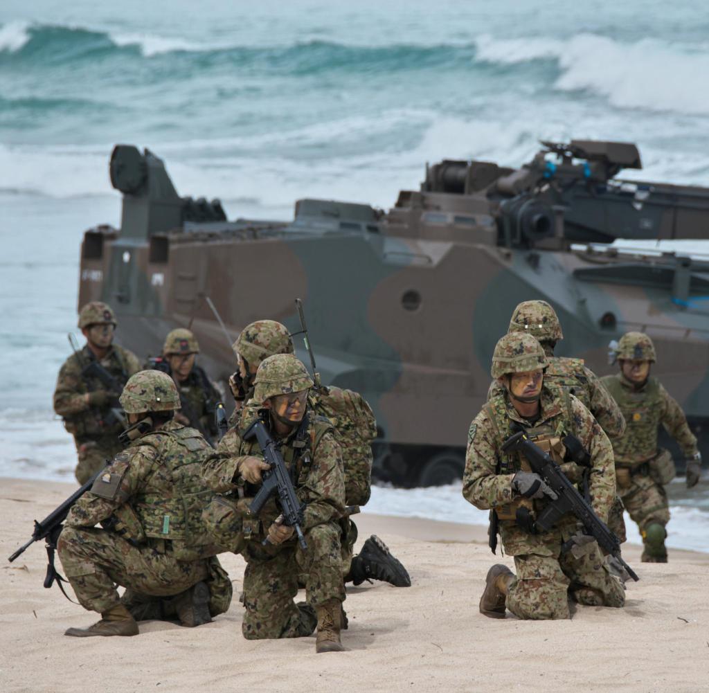 Member of Japan Ground Self-Defense Force's Amphibious Rapid Deployment Brigade landing during the joint military exercise "Iron Fist 23" with U.S. Marines at Manda Beach in Tokunoshima Island, Kagoshima-Prefecture, Japan on Friday, March 3, 2023. Photo by Keizo Mori/UPI Photo via Newscom picture alliance