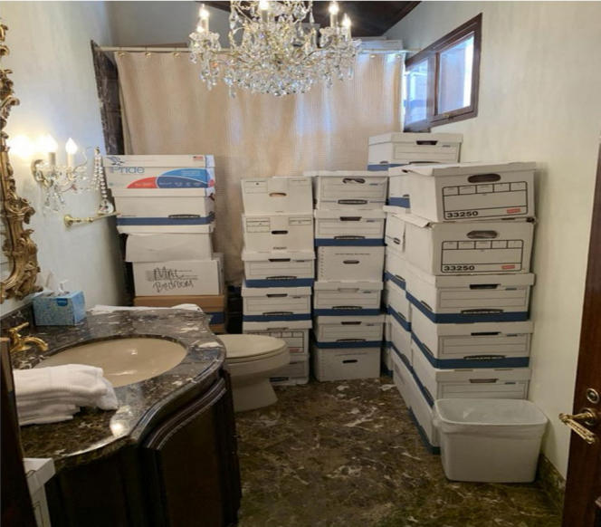 An undated image, released by the South Florida court, shows archive boxes believed to contain confidential documents in a bathroom at the Mar-a-Lago residence in Palm Beach, Florida.