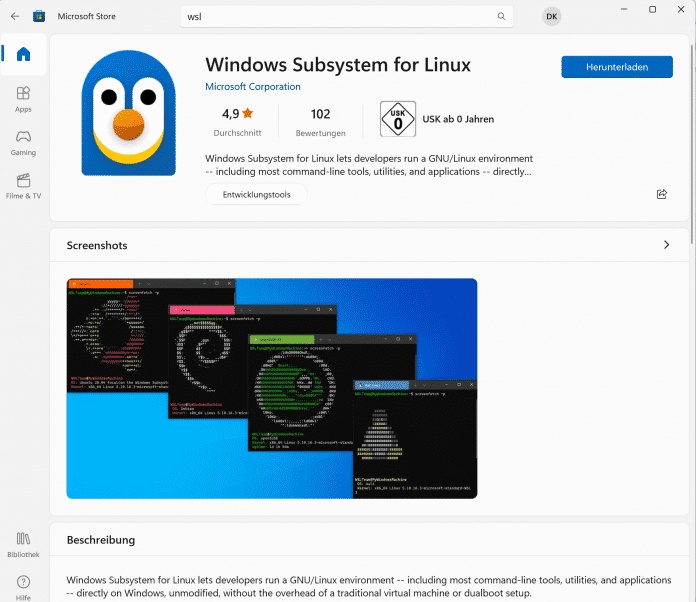 Screenshot MS Store entry on WSL