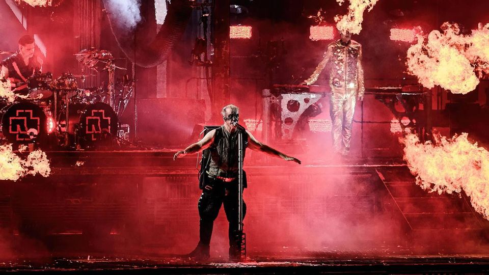 Till Lindemann with Rammstein on stage, fire in the background