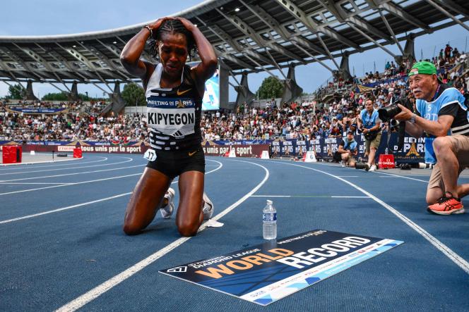 Kenyan Faith Kipyegon is now the world record holder in the 5,000 meters.  Here, June 9, 2023, in Paris. 
