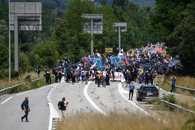 Protesters gather against the construction of a high-speed rail line between Lyon and Turin, in La Chapelle, in the Maurienne valley (Savoie), June 17, 2023. 