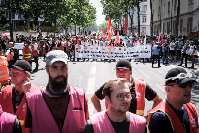 An inter-union procession during the fourteenth day of mobilization against pension reform, in Lyon, June 6, 2023.