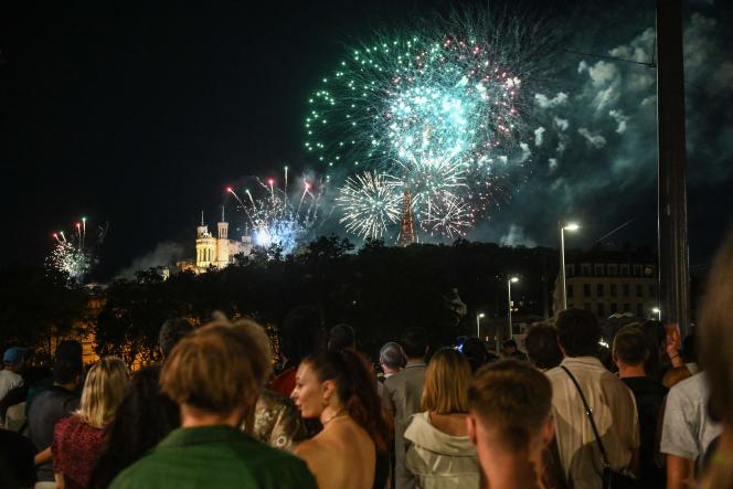 The fireworks above the Notre-Dame de Fourvière basilica, in Lyon, on July 14, 2023.