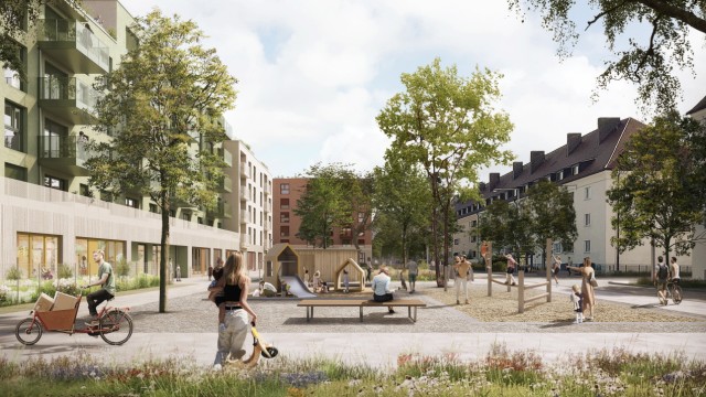 Hunderte neue Wohnungen in Ramersdorf: Im Norden des Geländes sollen aus jeweils zwei Baukörpern bestehende Ensembles mit Innenhöfen, umgeben von Grünflächen und Quartiersplätzen entstehen.