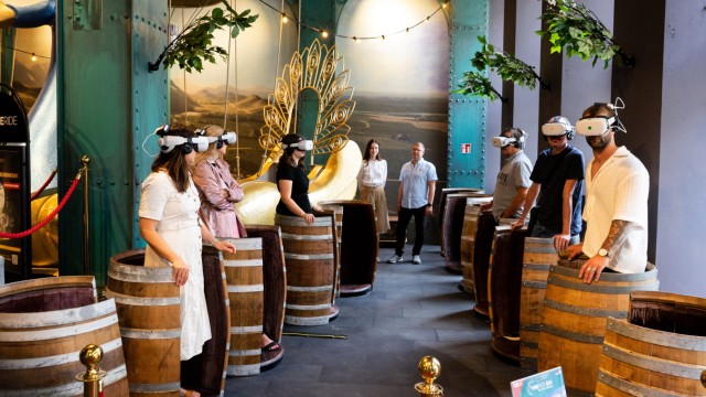 City tour: To start your journey, you have to climb into a beer keg in the valley before you can get your virtual reality glasses fitted.