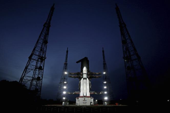 The Chandrayaan-3 rocket on its launch pad at the Satish Dhawan Space Center near Madras in southern India on July 14, 2023.