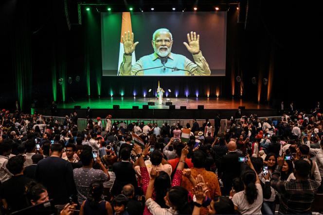 Indian Prime Minister Narendra Modi at La Seine musicale, in Boulogne-Billancourt (Hauts-de-Seine), July 13, 2023.