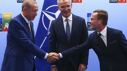 Turkish President Recep Tayyip Erdogan meets Swedish Prime Minister Ulf Kristersson in the presence of NATO Secretary General Jens Stoltenberg, in Vilius (Lithuania) on July 10, 2023. (YVES HERMAN / AFP)