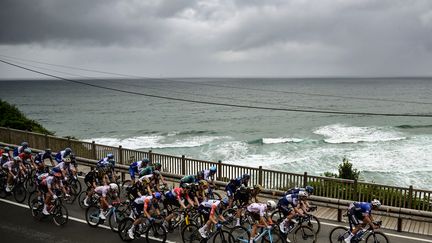 The peloton along the Atlantic Ocean in the Spanish Basque Country during the first stage of the Tour de France, July 1, 2023. (MARCO BERTORELLO / AFP)