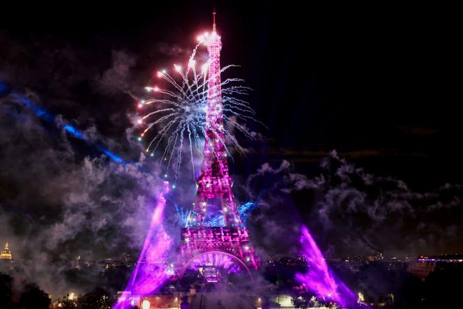 The fireworks around the Eiffel Tower, in Paris, July 14, 2023.