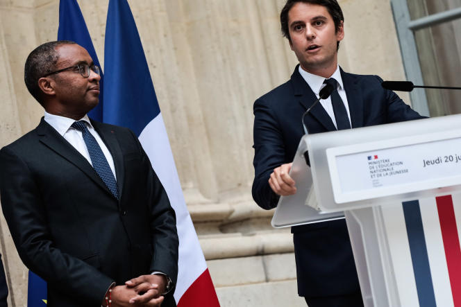   Speech by Gabriel Attal during his transfer of power with Pap Ndiaye to the Ministry of Education, in Paris, July 20, 2023.