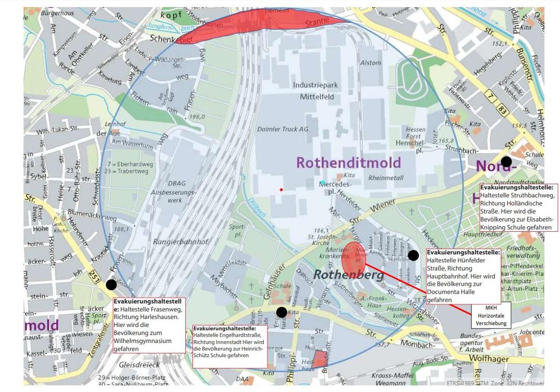 Karte mit den Evakuierungshaltestellen der KVG am Tag der Bombenentschärfung in Kassel.