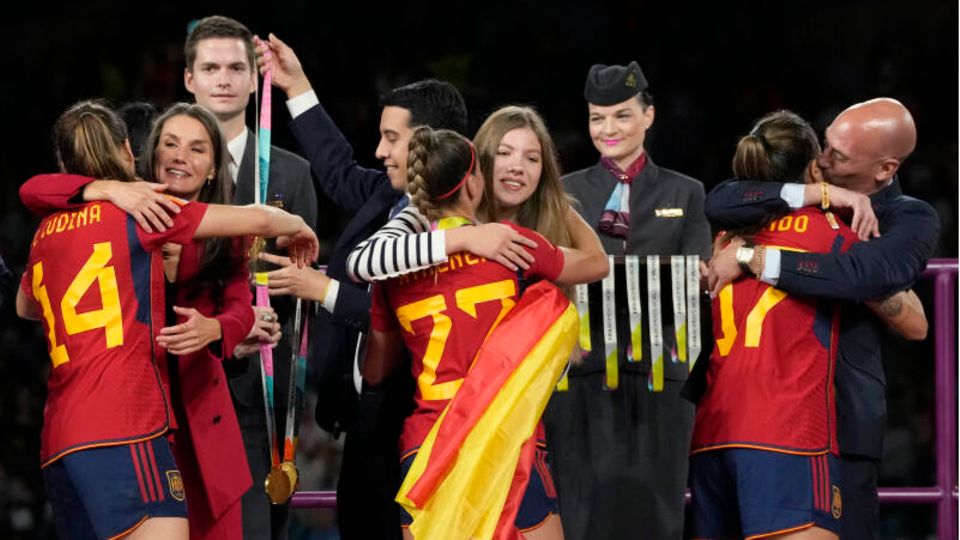 An unwanted kiss from Spain's football boss Rubiales (far right) caused outrage at the World Cup awards ceremony in Sydney