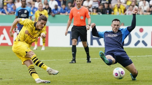 DFB Cup: Scored for his new club: Dortmund's Marcel Sabitzer (left).