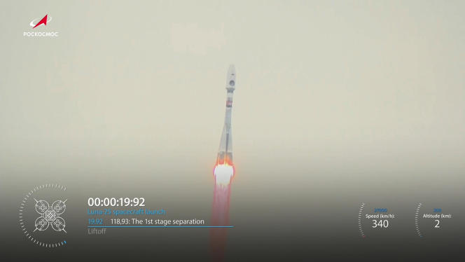 This screen grab taken from video by the Russian state space company, Roscosmos, shows the liftoff of the Soyuz rocket carrying the Luna-25 probe, from the launch pad of the Vostochny cosmodrome, in Russia, on August 11, 2023.