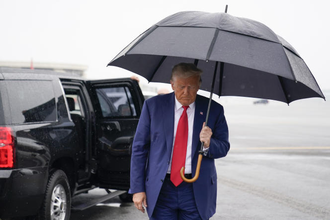 Former President Donald Trump at Arlington Airport in Virginia after his hearing at the E. Barrett Prettyman Court in Washington, August 3, 2023.