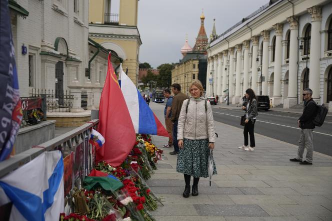 A makeshift memorial on a street near the Kremlin to commemorate members of the Wagner military group who died in the August 23 plane crash, in Moscow, August 26, 2023.