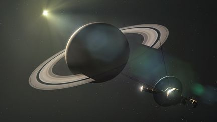 An illustration representing the Voyager 2 probe and the planet Saturn, taken on November 13, 2018. (MARK GARLICK/SCIENCE PHOTO LIBRA / MGA / AFP)