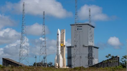 The Ariane 6 test rocket in its launch pad at the Kourou space center, in French Guiana, on June 22, 2023. (S MARTIN / ARIANEGROUP / AFP)