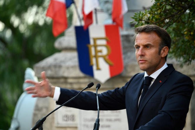Emmanuel Macron, during a ceremony to commemorate the 79th anniversary of the liberation of the village of Bormes-les-Mimosas, August 17, 2023.   