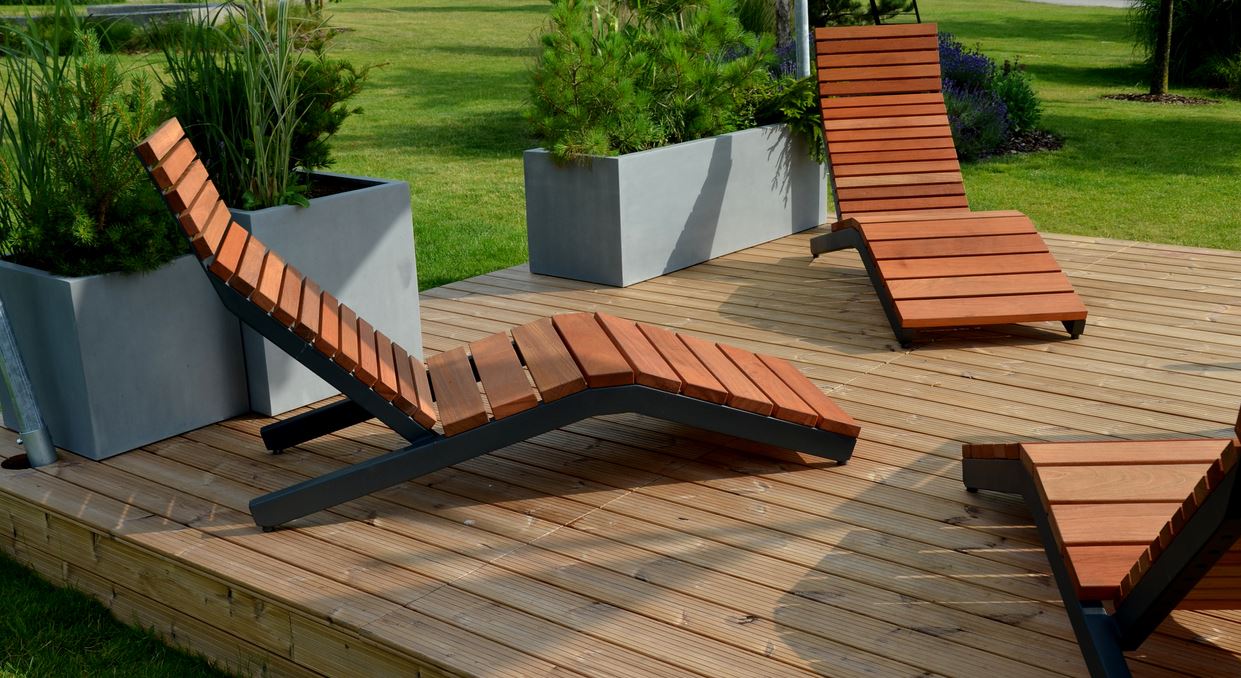 Wooden terrace with deckchairs