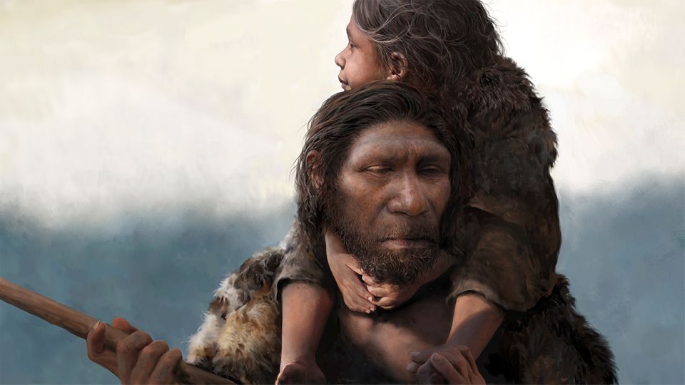 Rendering of the Neanderthal father with his daughter