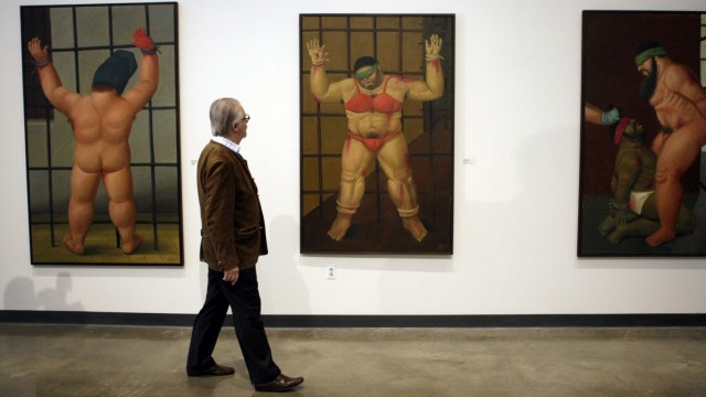 Obituary for Fernando Botero: Most recently, Botero created several series of works on political subjects.  His work on torture in the American military prison Abu Ghraib was best known.