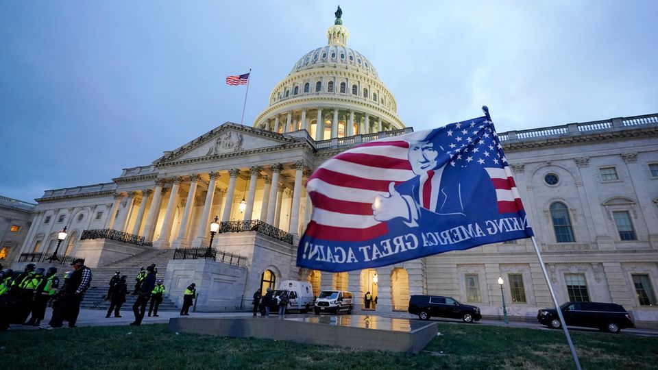 A flag left behind by a Trump supporter after the storming of the U.S. Capitol on January 6, 2021