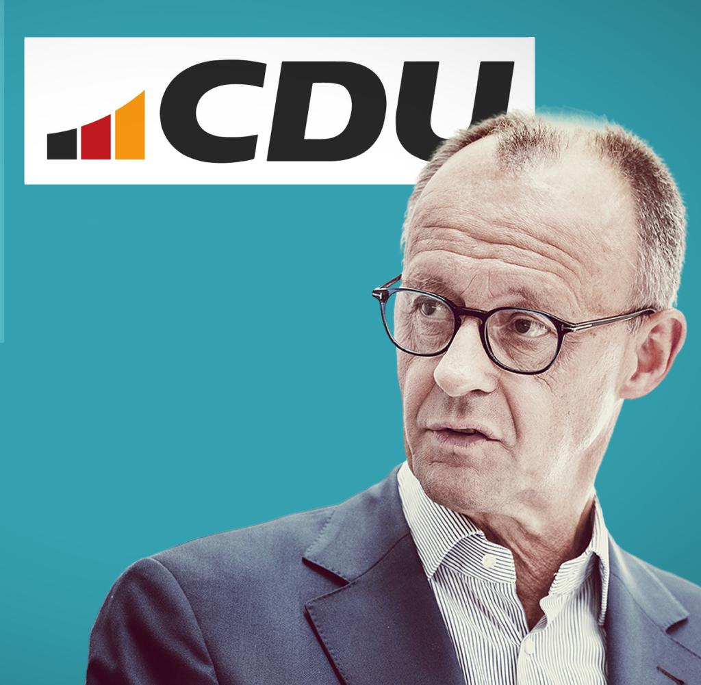 CDU leader Friedrich Merz, next to flags with the new party logo
