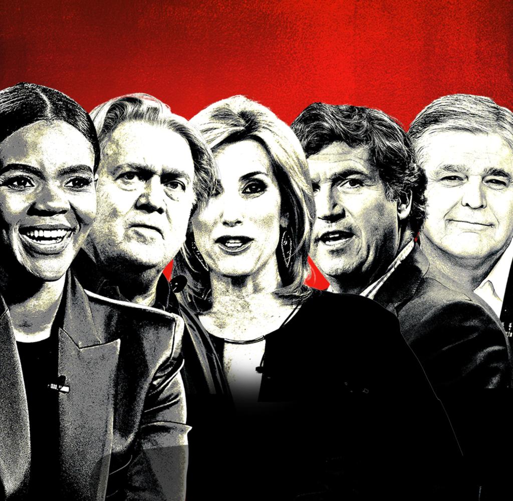 Candace Owens, Steve Bannon, Laura Ingraham, Tucker Carlson, Sean Hannity (from left to right)