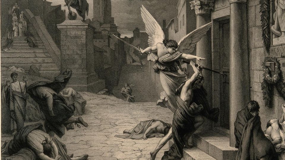 The angel of death in front of a Roman house. Engraving after Jules-Elie Delaunay.