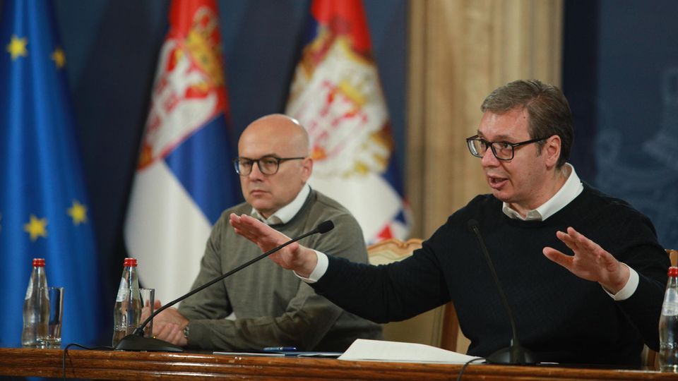 President Aleksandar Vucic holds a press conference after clashes in northern Kosovo