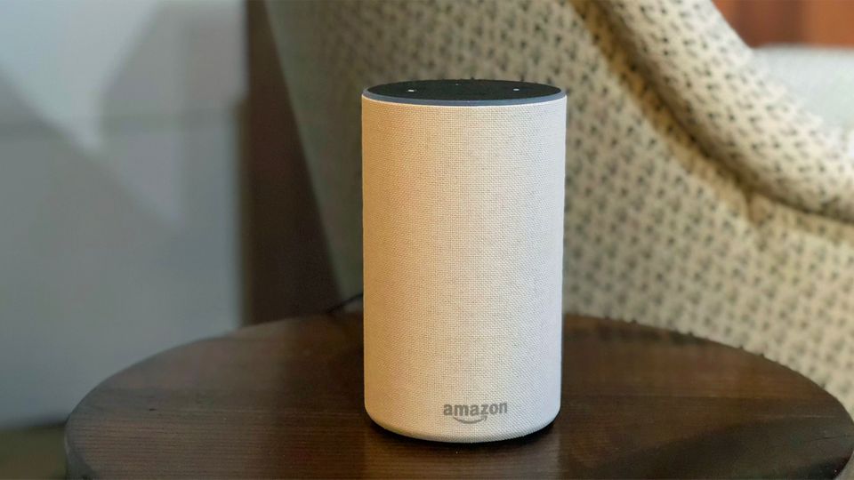 The new Amazon Echo sits on a small side table at Amazon headquarters in Seattle