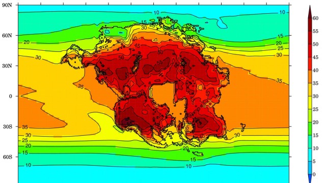 Climate: The image shows the warmest monthly average temperature on the supercontinent Pangea Ultima as it might look in about 250 million years.