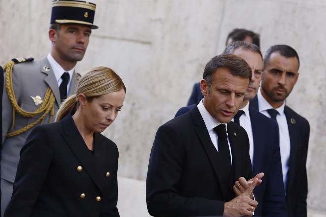 Giorgia Meloni and Emmanuel Macron during the funeral of the former Italian President of the Republic, Giorgio Napolitano, in Rome, September 26, 2023.
