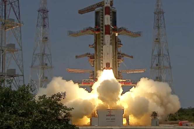 This screenshot from the Indian Space Research Organization (ISRO) YouTube channel shows the Aditya-L1 spacecraft taking off aboard a satellite launcher from Sriharikota Space Center, India, on Saturday September 2, 2023.