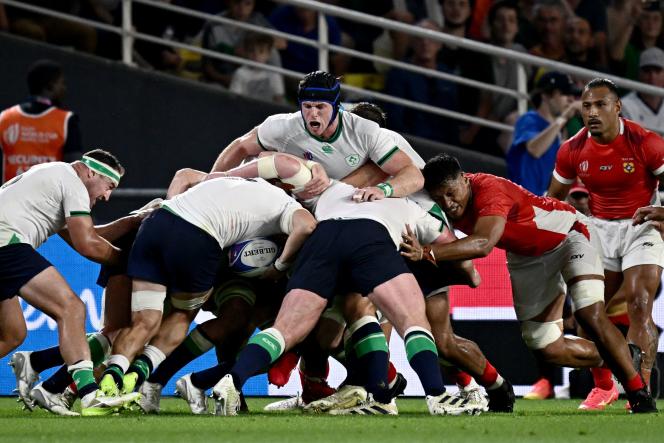 Irish Ryan Baird during a maul against the Tonga Islands, during the Rugby World Cup, at the Beaujoire stadium, in Nantes, September 16, 2023.