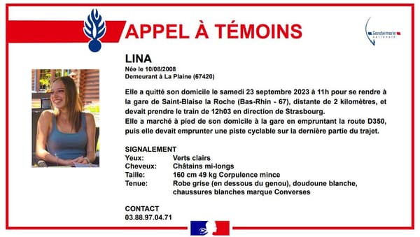 The Schirmeck gendarmerie launched a call for witnesses on Saturday September 23 after the disappearance of Lina 