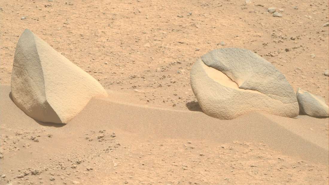 Two rocks on Mars are visible in this image from August 18, 2023, reminding human viewers of a shark's fin and crab claws.