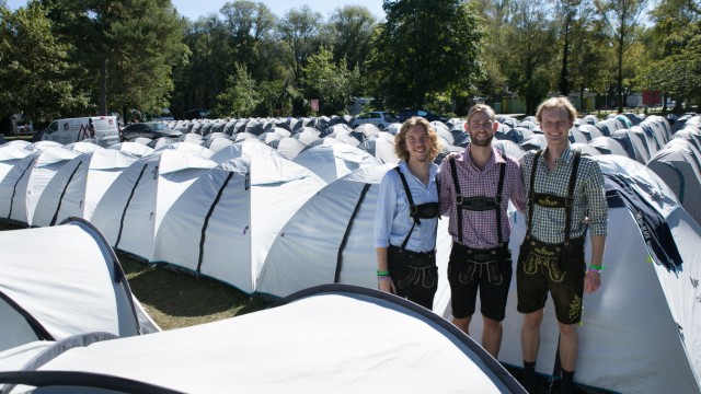 Young backpackers at Oktoberfest: Gez Monteith (center) and his friend Max Wilson met Adam Welsh (left) - also an Australian - at the campsite.