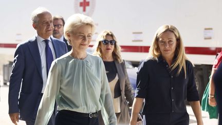 Ursula von der Leyen, President of the European Commission (left), visits the port of the island of Lampedusa (Italy) with Italian Prime Minister Giorgia Meloni (right), September 17, 2023. (CECILIA FABIANO / LAPRESSE CECILIA / SIPA)